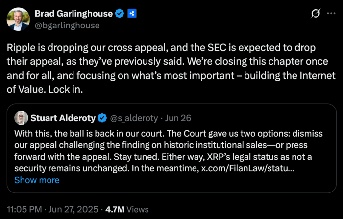 Ripple CEO announcement on X.