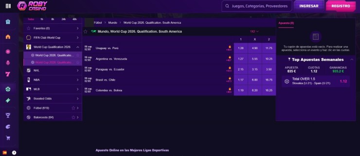Roby Casino permite hacer pronósticos de las eliminatorias sudamericanas en cada una de las selecciones involucradas