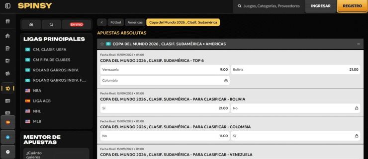 Spinsy es la opción más recomendada para hacer apuestas para la clasificación al Mundial CONMEBOL 2026