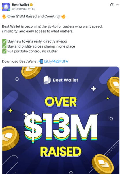 Best Wallet Token $13M raised announcement.