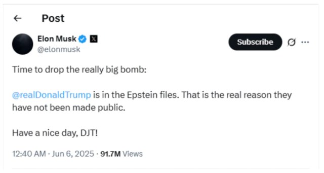 Musk's now-deleted post regarding Trump's mention in the Epstein files.