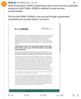 H100 announces Adam Back funding.