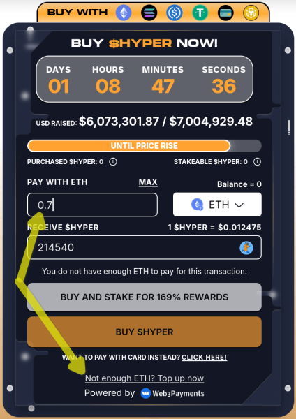 $HYPER website showing an ongoing transaction. 