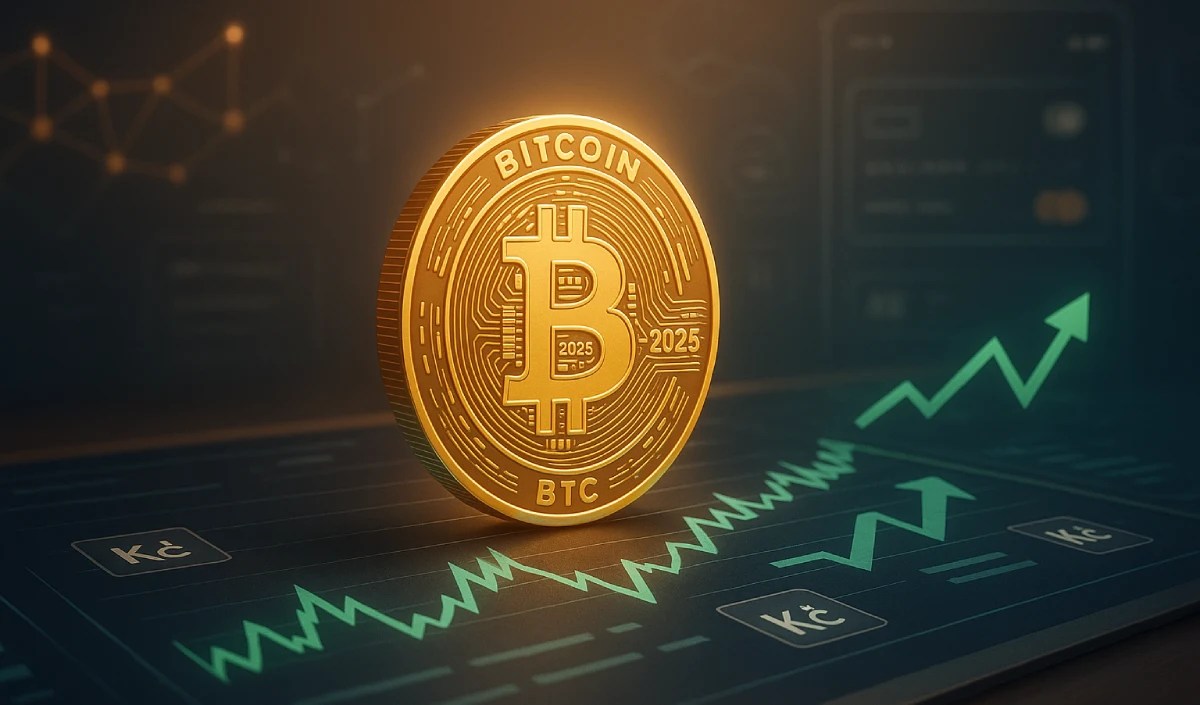Ilustrace Bitcoinu na digitálním finančním panelu s grafy a symboly české koruny – chytrá investice do kryptoměny v roce 2025