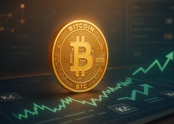 Ilustrace Bitcoinu na digitálním finančním panelu s grafy a symboly české koruny – chytrá investice do kryptoměny v roce 2025