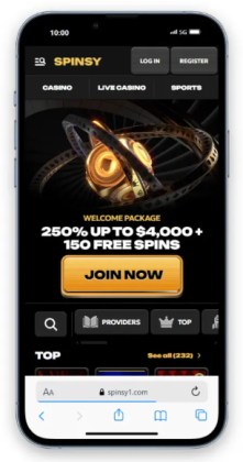 The Spinsy casino Cricket Betting AU homepage on mobile.