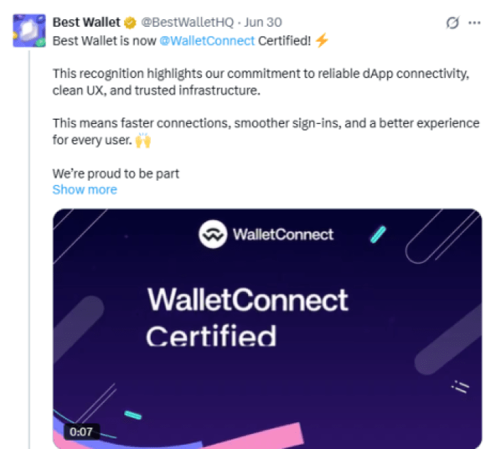 best-wallet-now-wallet-connect-certified Best Wallet WalletConnect certification