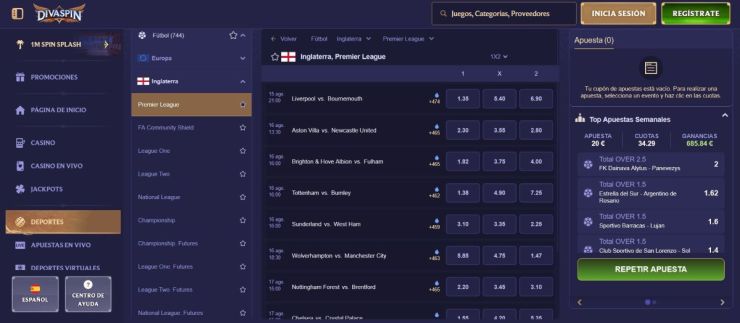Divaspin permite hacer apuestas de la Premier League en vivo y también anticipadas