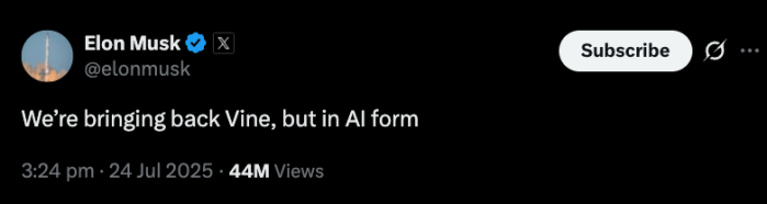 Elon Musk’s post on X, announcing the return of Vine.