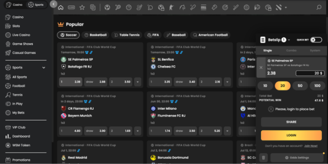 WSM Casino sportsbook example of adding a soccer bet to the betslip.