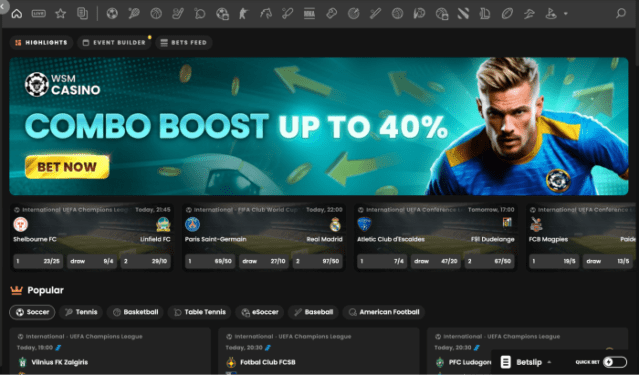 The variety of sports markets available at WSM Casino.