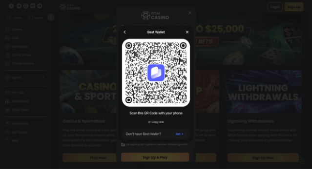 Best Wallet QR Code on WSM Casino – scan to connect wallet.
