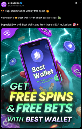 CoinCasino post on X detailing their Free Spins & Free Bets offer with Best Wallet.