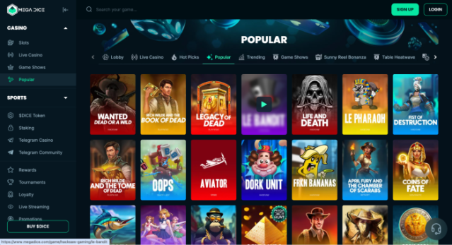 Mega Dice popular games lobby featuring a variety of slots & games from its top providers.