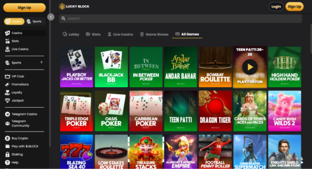 Lucky Block all casino games lobby featuring a variety of live casino games, game shows, and slots from its top providers.