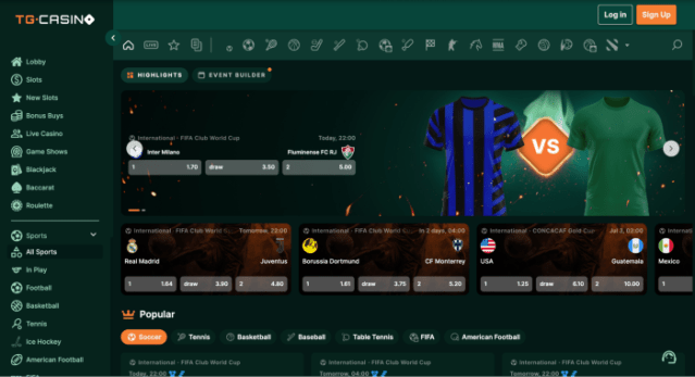 TG Casino sportsbook lobby showcasing upcoming soccer matches and betting odds at the FIFA Club World Cup.