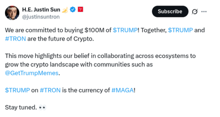 Justin Sun announcement about buying Trump for TRON