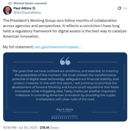 SEC Chairman Paul Atkins discusses crypto report on X. 