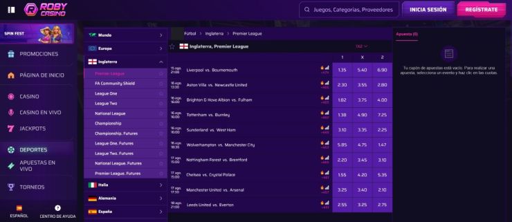 Roby Casino dispone de cientos de pronósticos de la Premier League activos