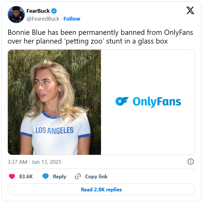 Bonnie Blue ถูกแบนจาก OnlyFans ทำให้เธอสูญเสียช่องทางทำเงินในทันที