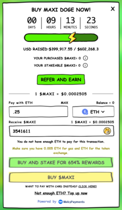 Entering amount and selecting between Buy $MAX’ on the Maxi Doge ($MAXI) official presale site.