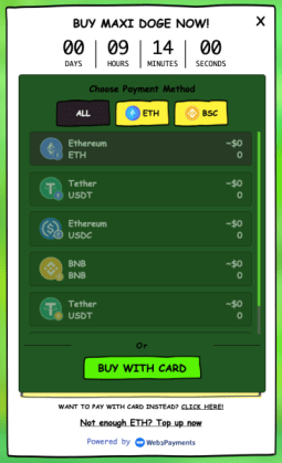 Selecting payment method on the Maxi Doge ($MAXI) official presale site.