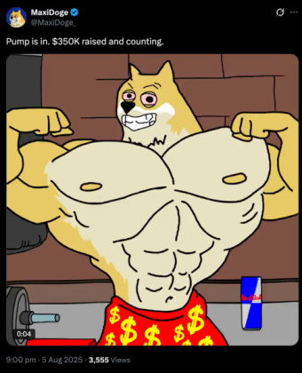 MaxiDoge post on X announcing $350K being raised in the presale. 