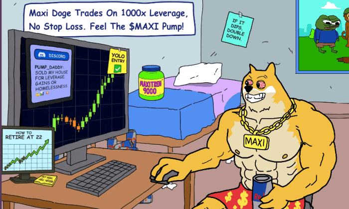 Maxi Doge’s meme mascot: a hyper-masculine Doge chasing max leverage and gains.