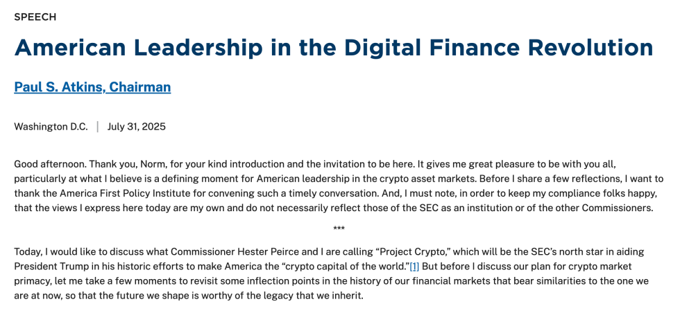 Paul Atkins Project Crypto Speech | Source: US Securities and Exchange Commission