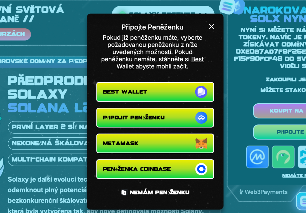 Připojení peněženky na Solaxy - kryptoměny pod jeden dolar.