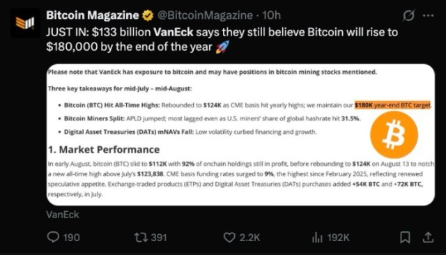 VanEck maintaining their $180K year-end $BTC target.