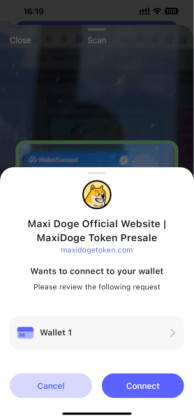 Pop up inside Best Wallet app to connect to the Maxi Doge ($MAXI) official presale site.