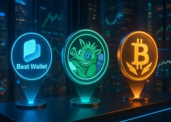 Best Wallet, Snorter, and Bitcoin Hyper logos displayed as holographic crypto coins in a futuristic trading hub