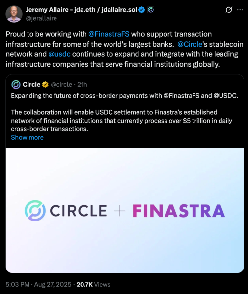 circle and finastra partnership post on X.