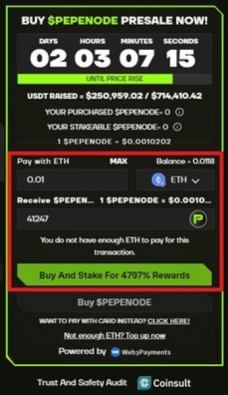 Click ‘Buy $PEPENODE’ or ‘Buy and Stake’ to start staking your tokens immediately.