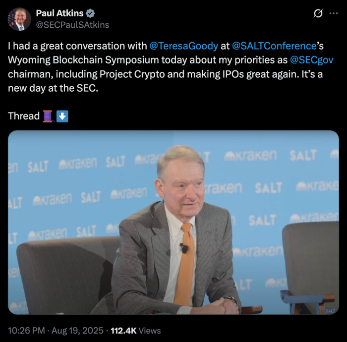 paul atkins project crypto post on X.