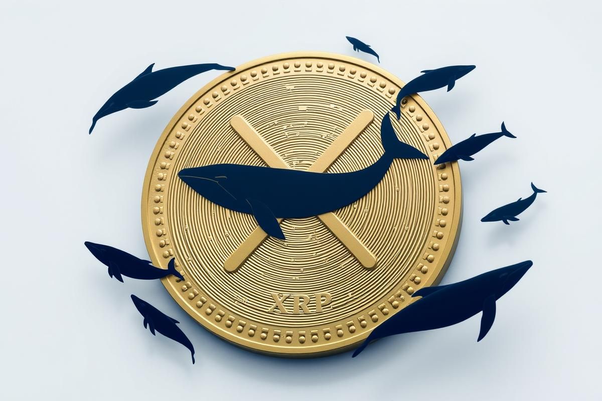 เหรียญ XRP ขนาดใหญ่พร้อมเงาวาฬที่กำลังว่ายอยู่รอบๆ สะท้อนถึงกิจกรรมของวาฬในตลาด XRP
