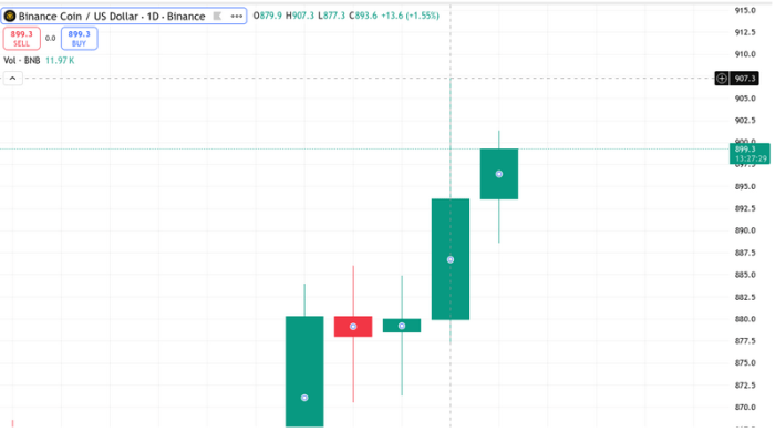 BNB on TradingView showing the $907 ATH
