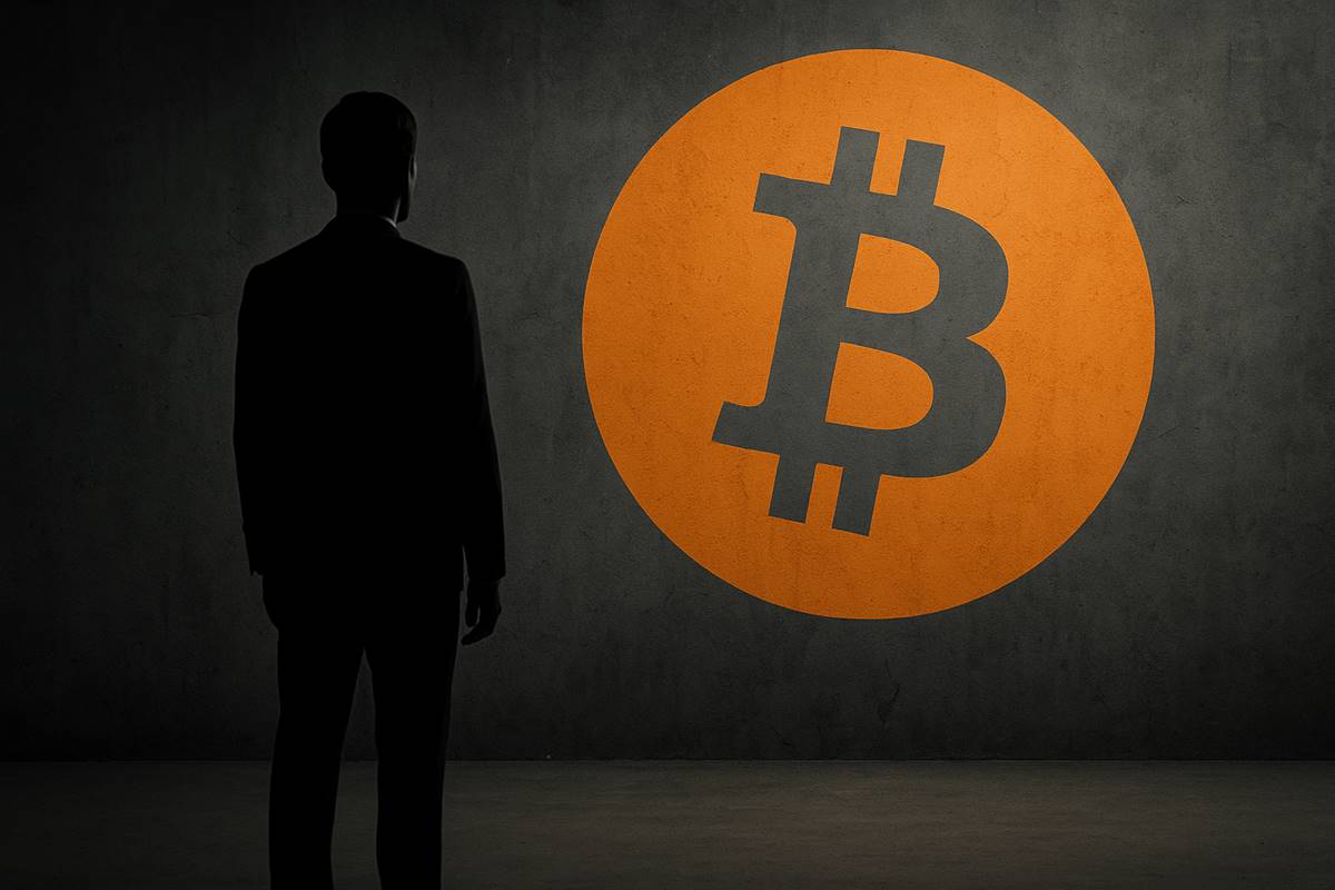 นักธุรกิจเงายืนต่อหน้าโลโก้ Bitcoin บนกำแพงคอนกรีต