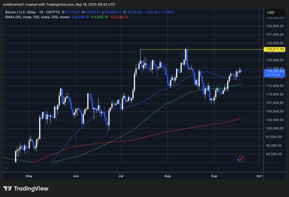 BTC consolidaes below $118K | Source: BTCUSDT chart on TradingView