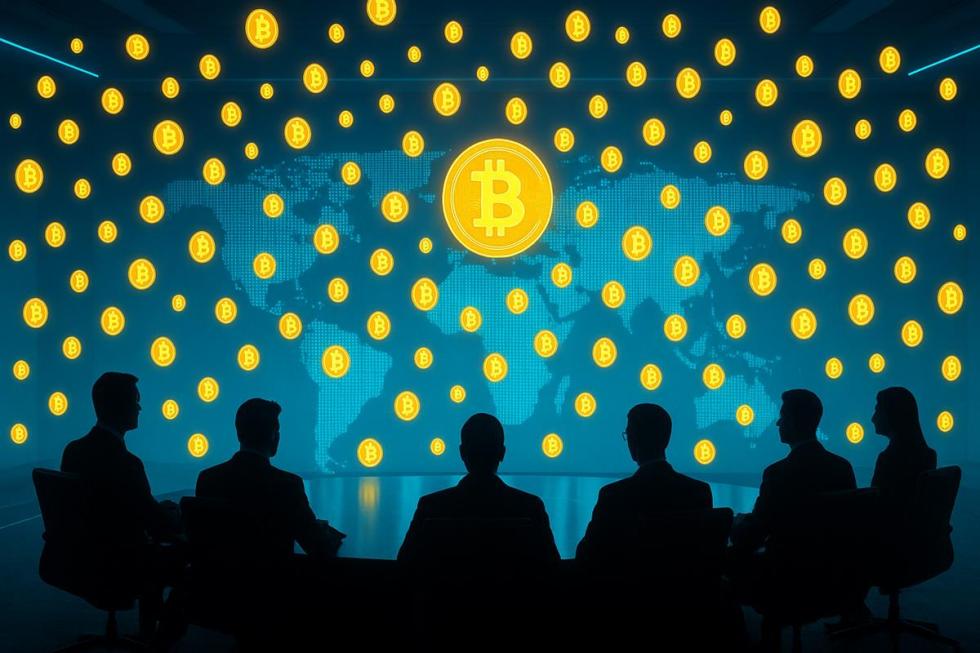 ประชุมผู้บริหารกับเหรียญ Bitcoin ลอยเหนือแผนที่โลก