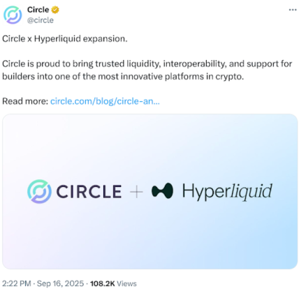 Circle X Post announcing parternship with Hyperliquid
