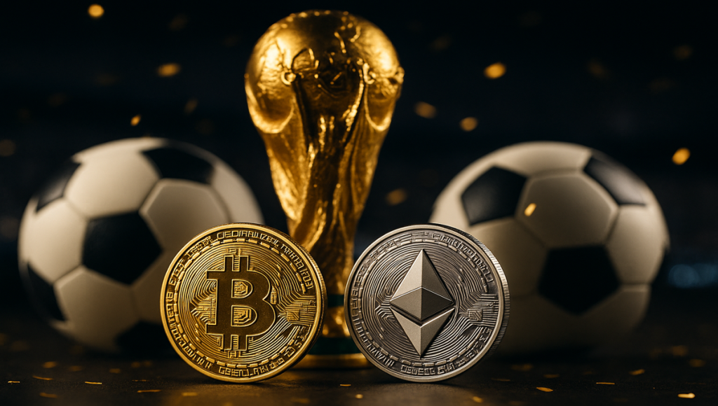 Bitcoin and Ethereum coins with a golden World Cup trophy and footballs in a stadium-style scene.