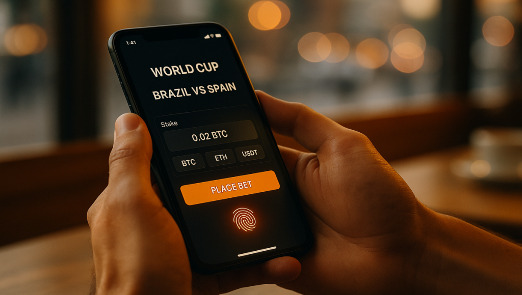 Person placing a World Cup bet on a crypto sportsbook app using Bitcoin on a smartphone.