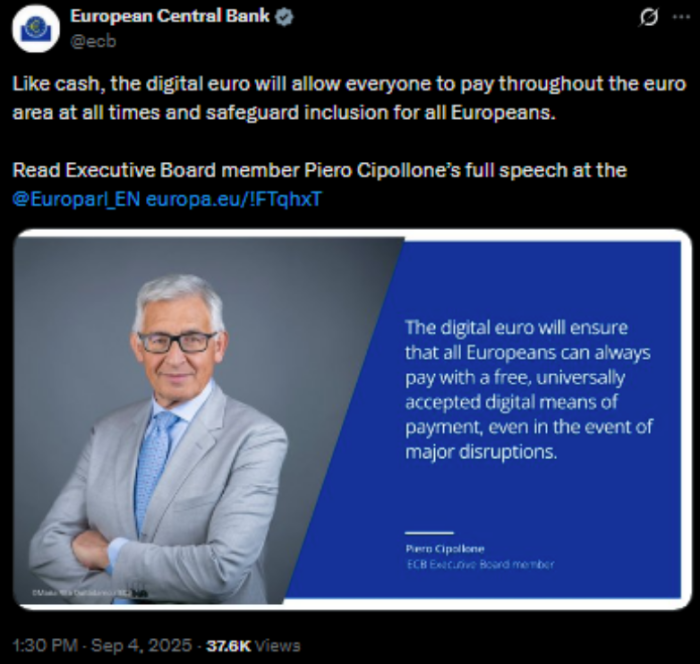 European Central bank advocates for digital euro on X.