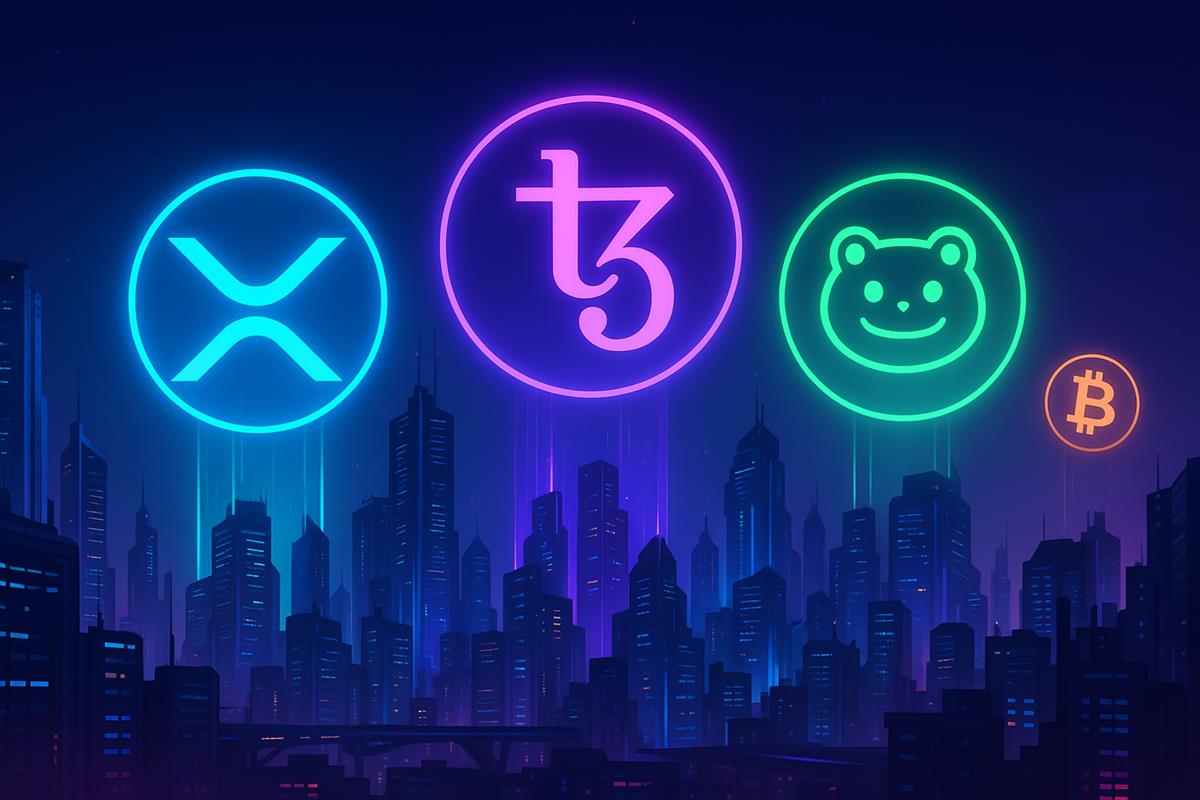เมืองอนาคตโชว์โลโก้ XRP Tezos และ Altcoin แซง Bitcoin ร่วง