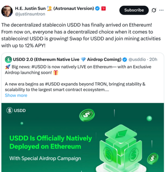 Justin Sun’s X announcement of the $USDD launch on Ethereum.