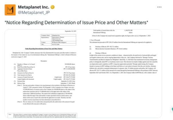 Metaplanet’s X announcement of share offering