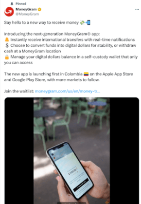 MoneyGram X post announcing the app