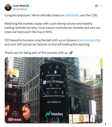 SOL Strategies listing post from CEO Leah Wald on X.